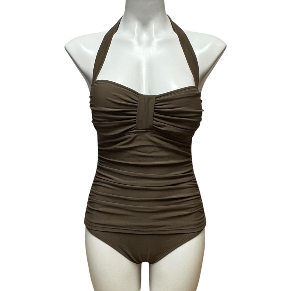 Tommy Bahama Relax Ruched Halter One Piece Swimsuit Beige Brown 8